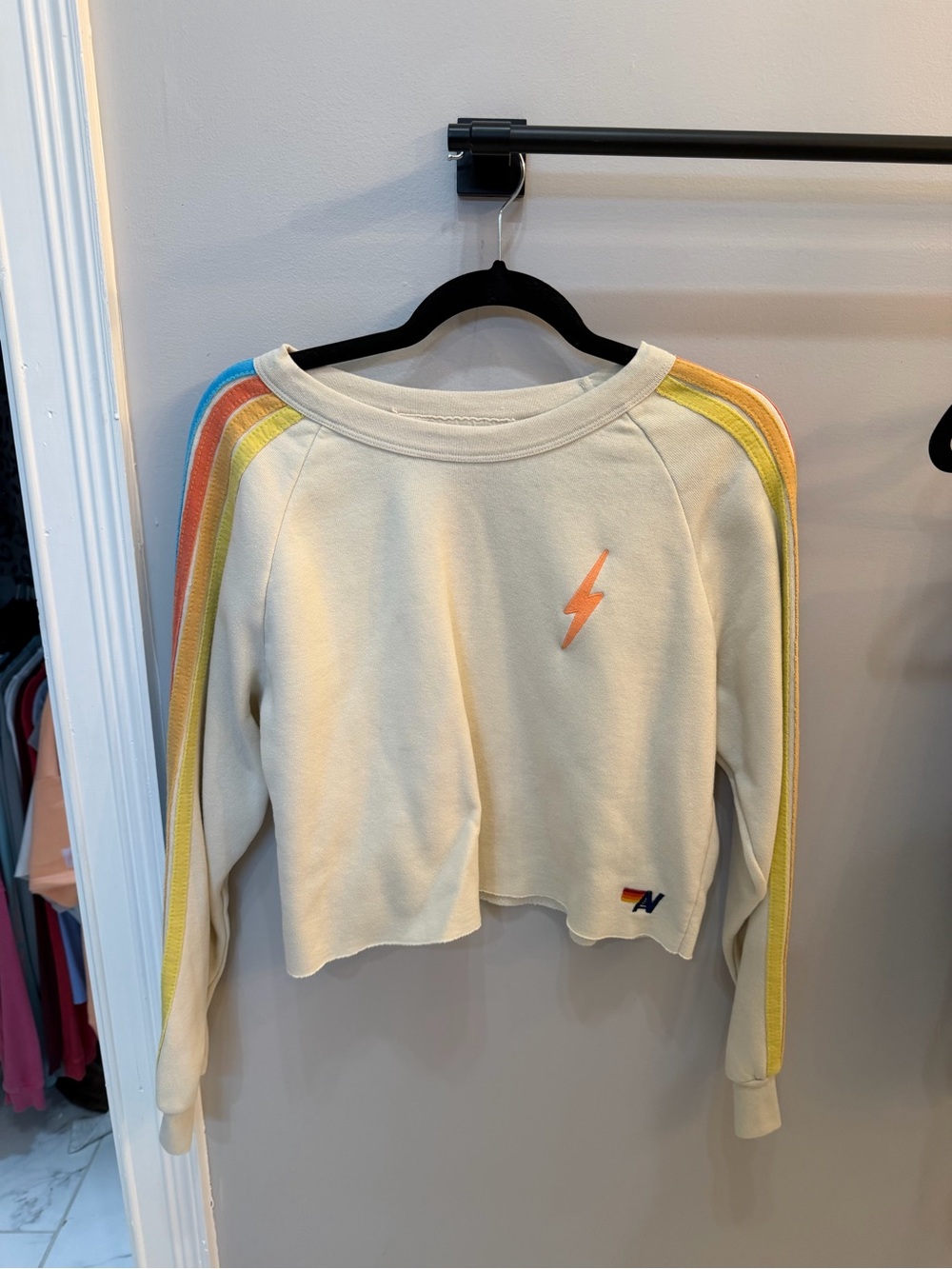 Aviator Nation Cream Rainbow Stripe Crop Sweatshirt & Joggers - Picture 2 of 6